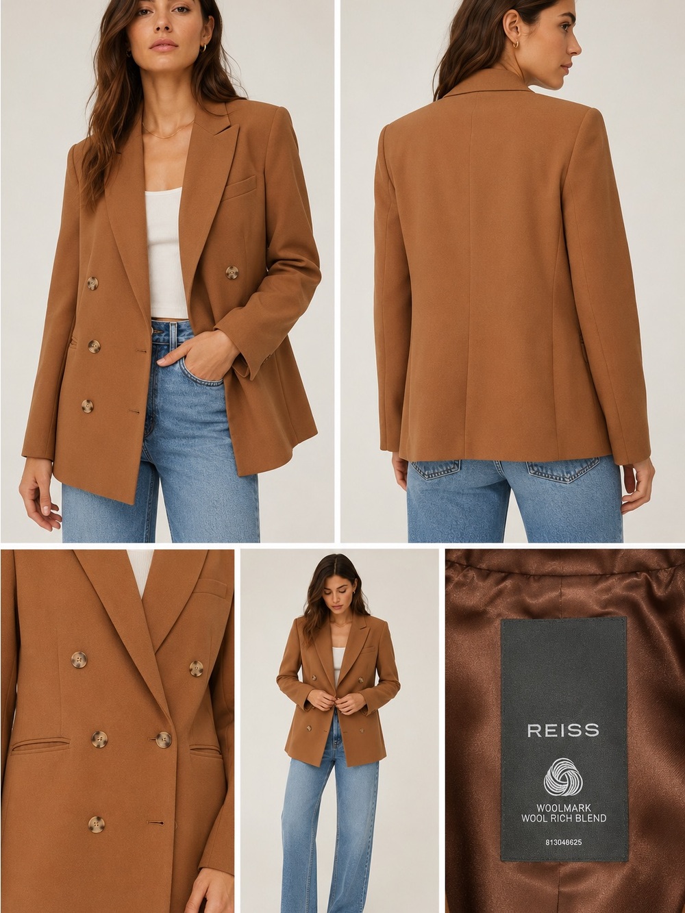 REISS- Camel Double-Breasted Wool-Blend Blazer